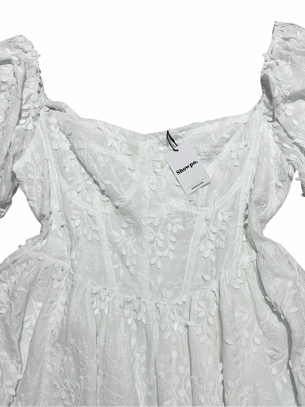 SHOWPO. NWT White Embroidered Puff Sleeve Corset Esthela Mini Dress - Picture 5 of 14